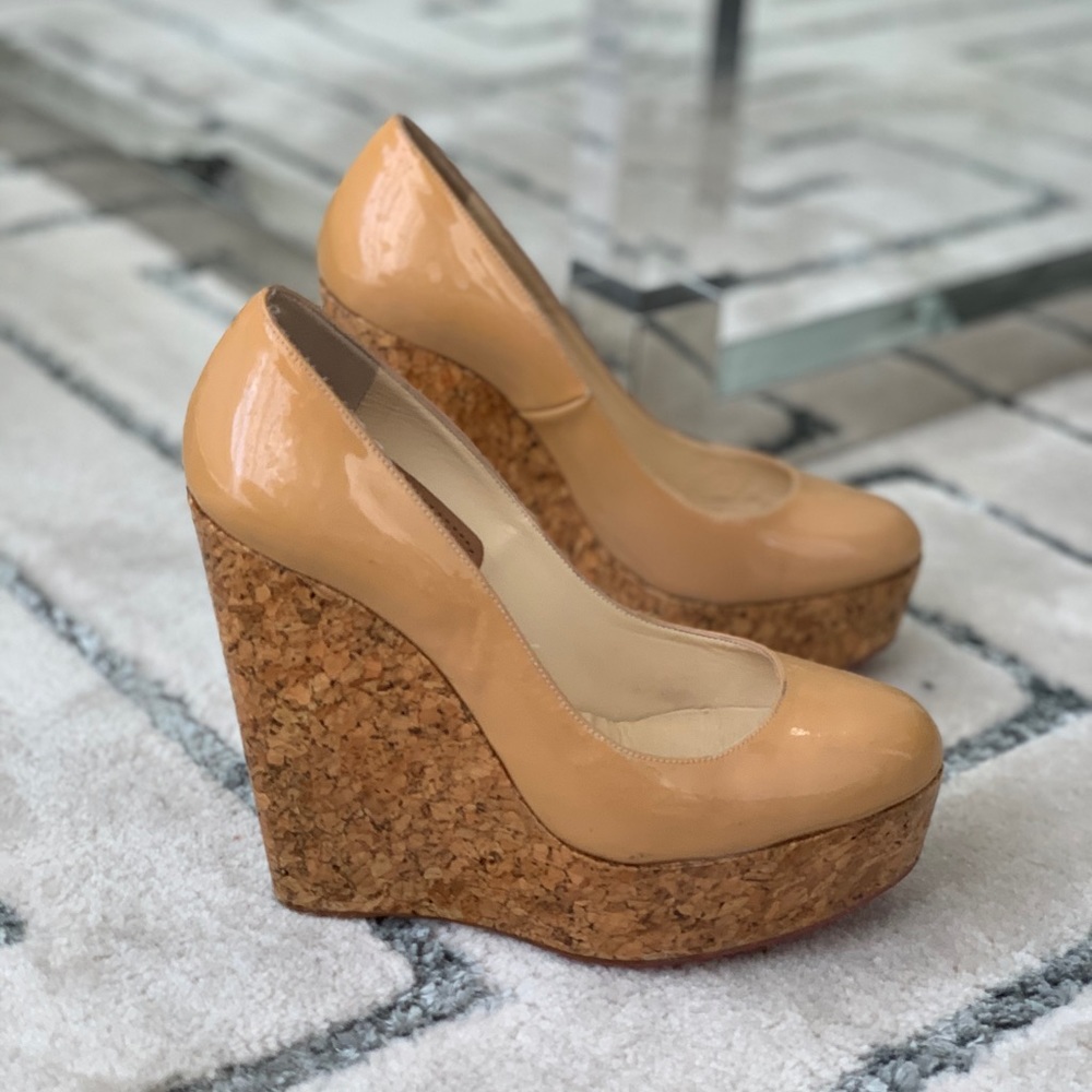 Christian Louboutin Nude Waxed Cork Wedges Sz 38.5